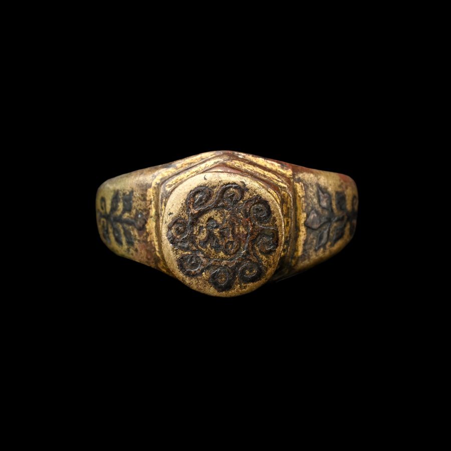 Large Byzantine Gilt Bronze and Niello Ring with Stepped Bezel