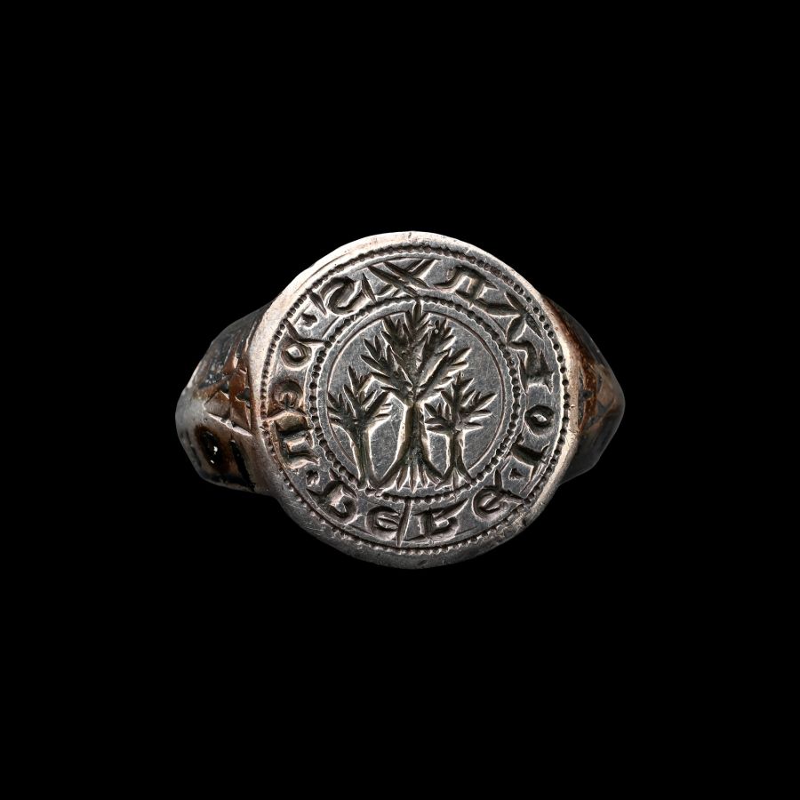 Large Medieval Silver Signet Ring with Trees