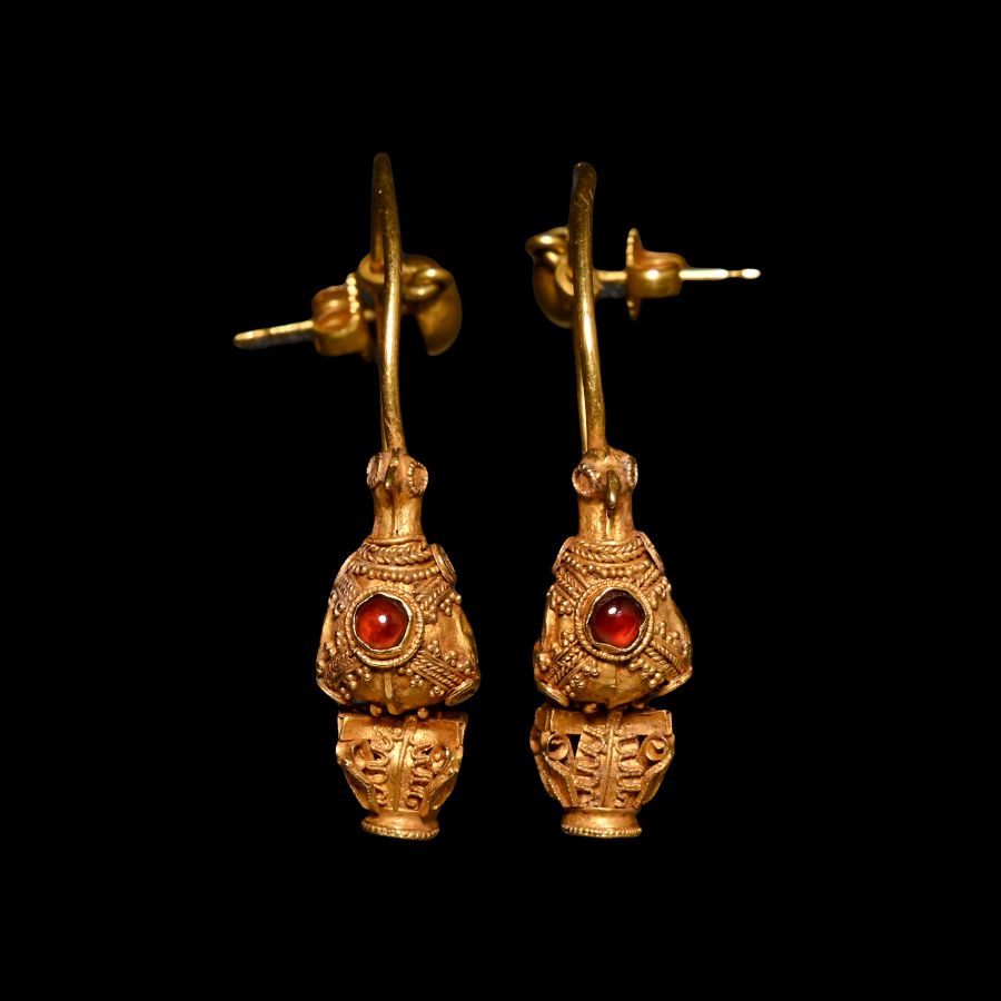 Greek Gold Earring Pair with a Dove above a Corinthian Capital