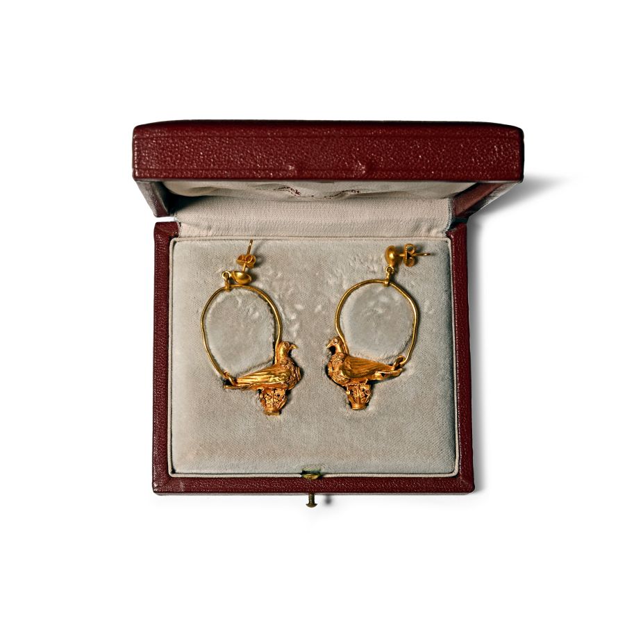 Greek Gold Earring Pair with a Dove above a Corinthian Capital