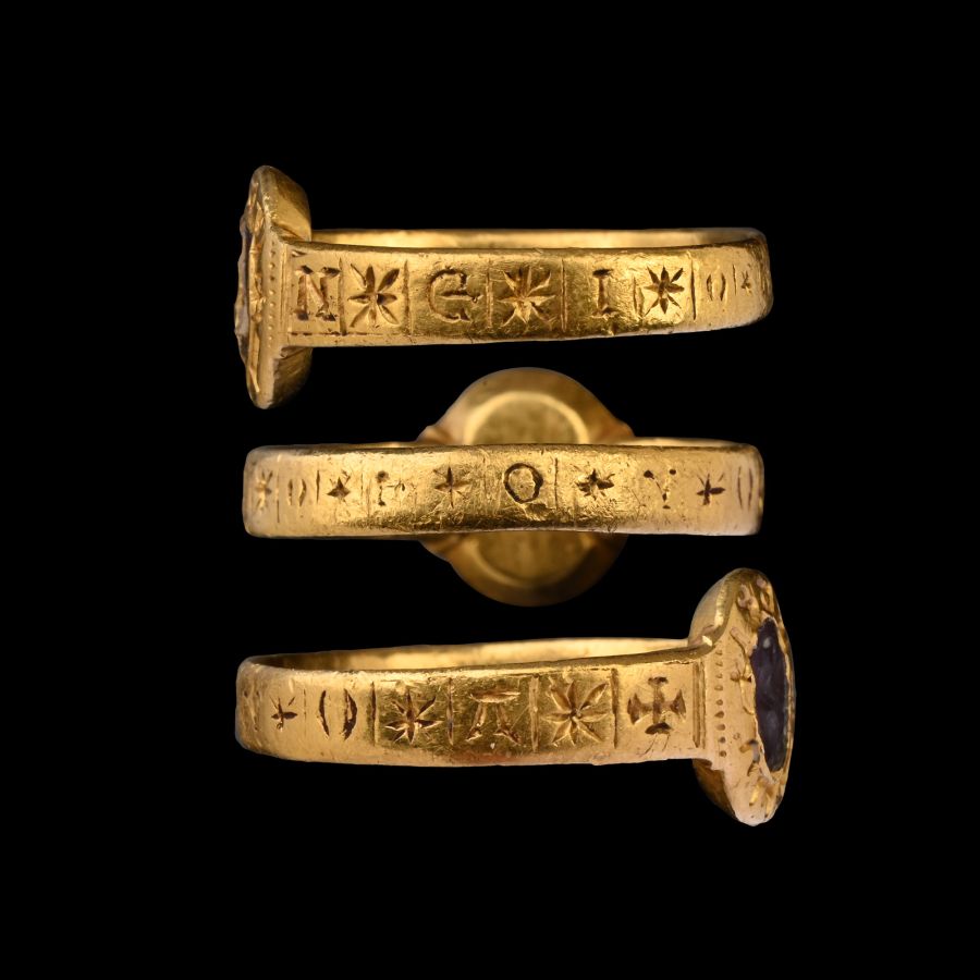 Medieval Gold Ring with Legend and Amethyst Intaglio