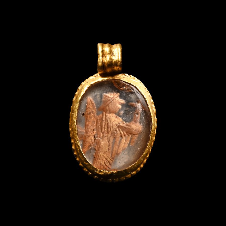 Byzantine Gold Pendant with Gold Figure of Archangel Gabriel in Rock Crystal