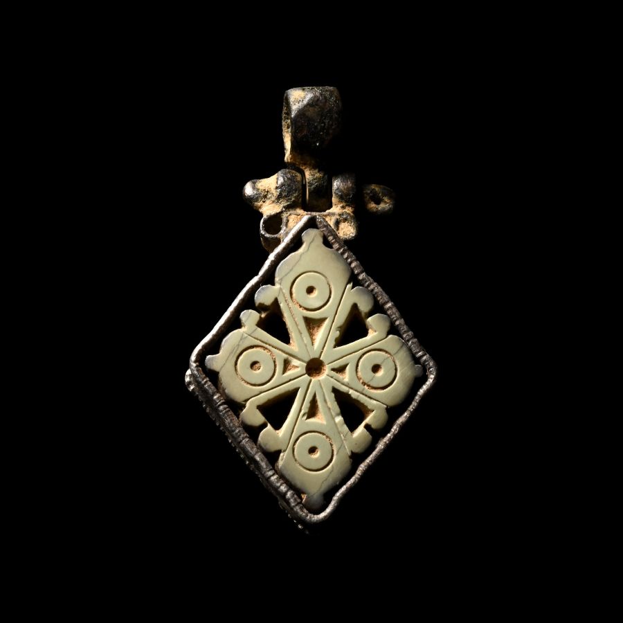 Byzantine Stone Amuletic Cross in Silver Pendant