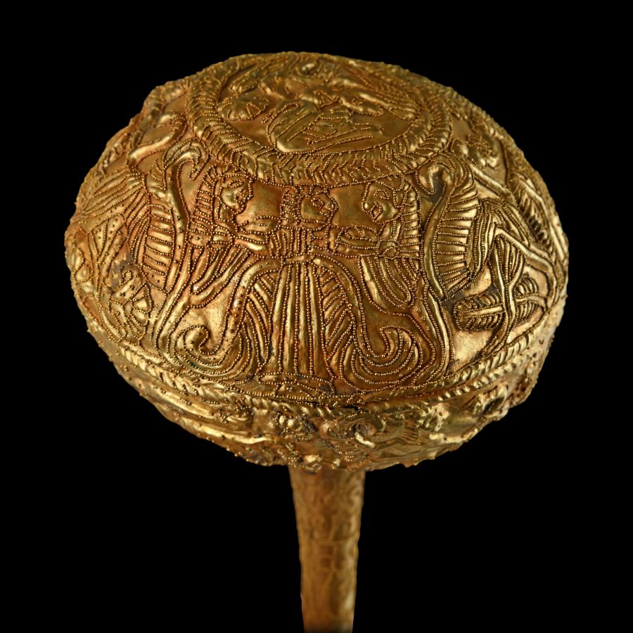 Large Greek Gold Repoussé Dress Pin with Figural Scenes