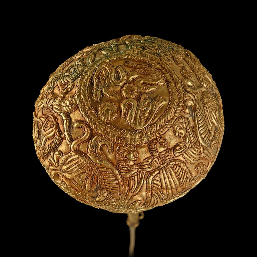 Large Greek Gold Repoussé Dress Pin with Figural Scenes
