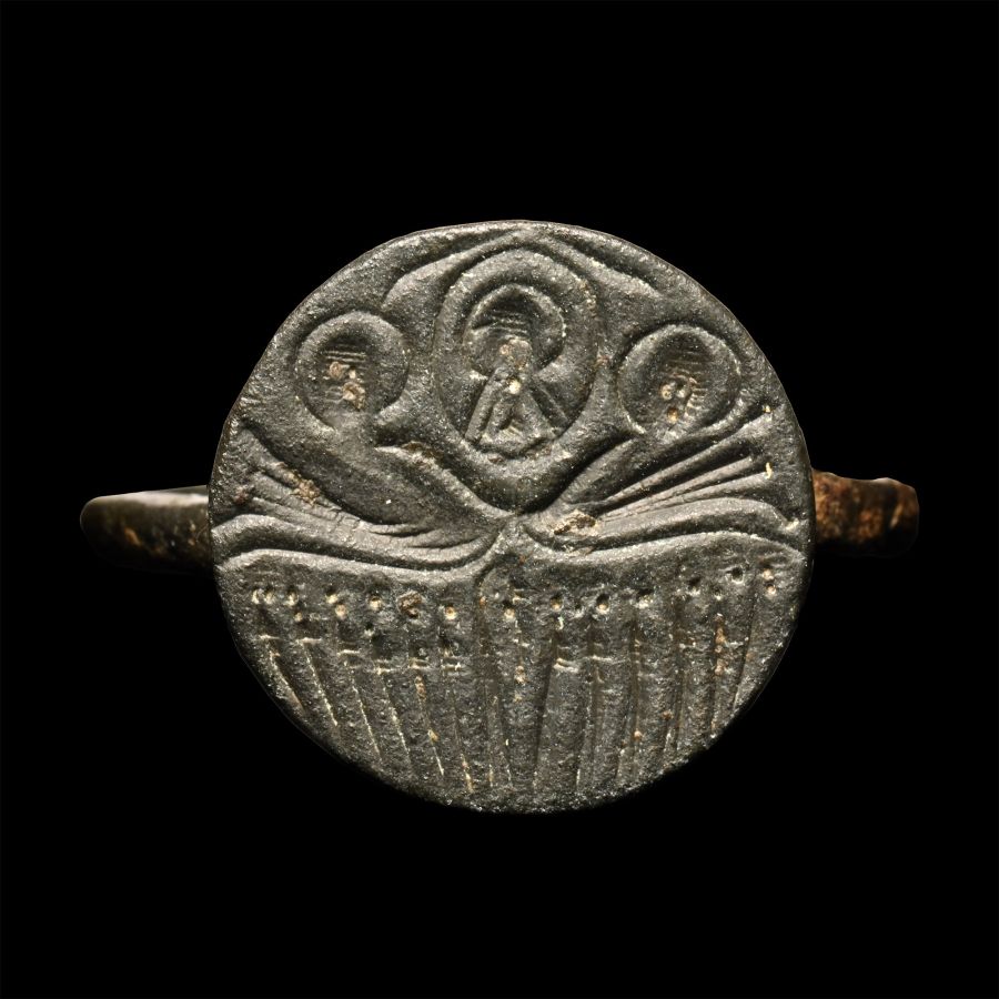 Byzantine Bronze Ring with Religious Scene