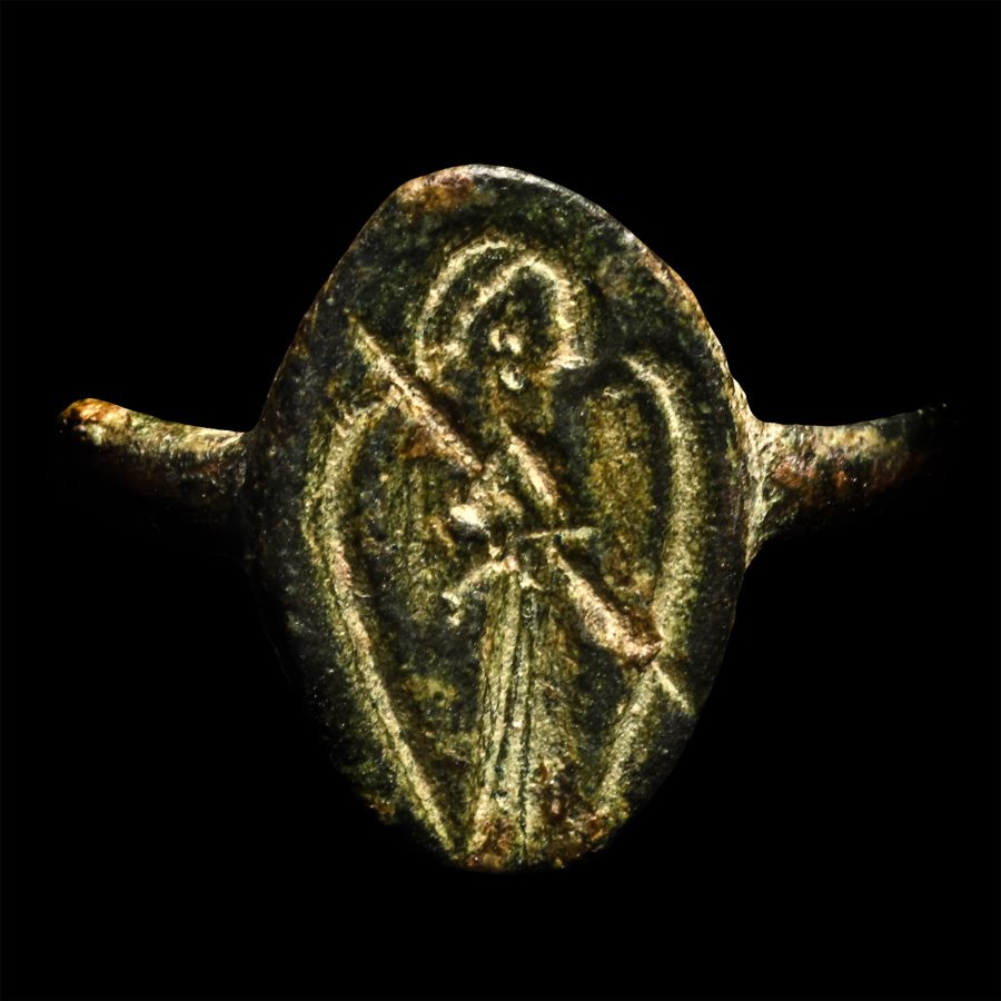 Byzantine Bronze Ring Bezel of Saint Holding Staff