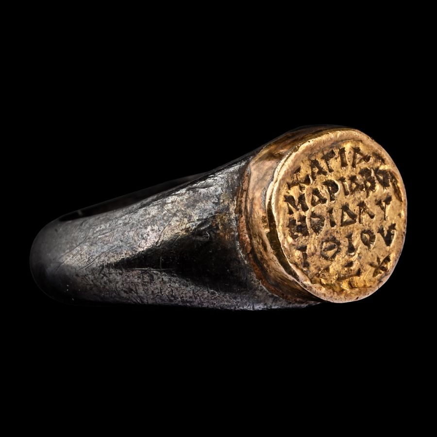 Byzantine Silver Ring with Gold Bezel with Inscription