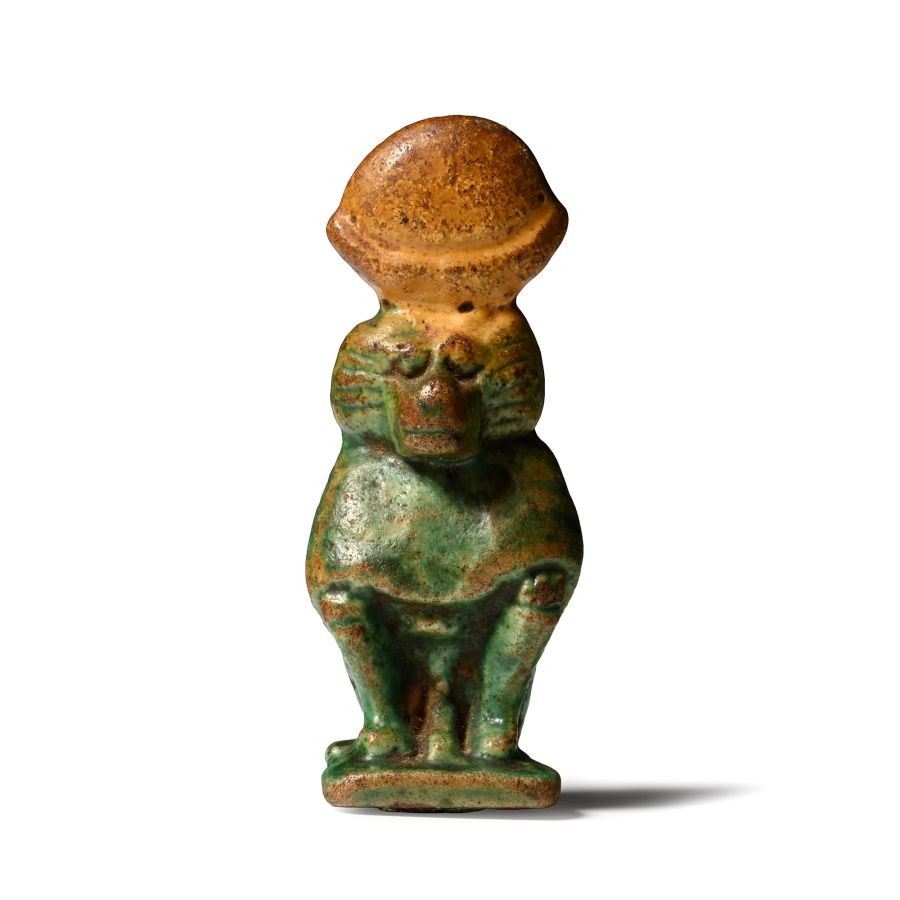 Egyptian Green and Yellow Glazed Baboon Amulet