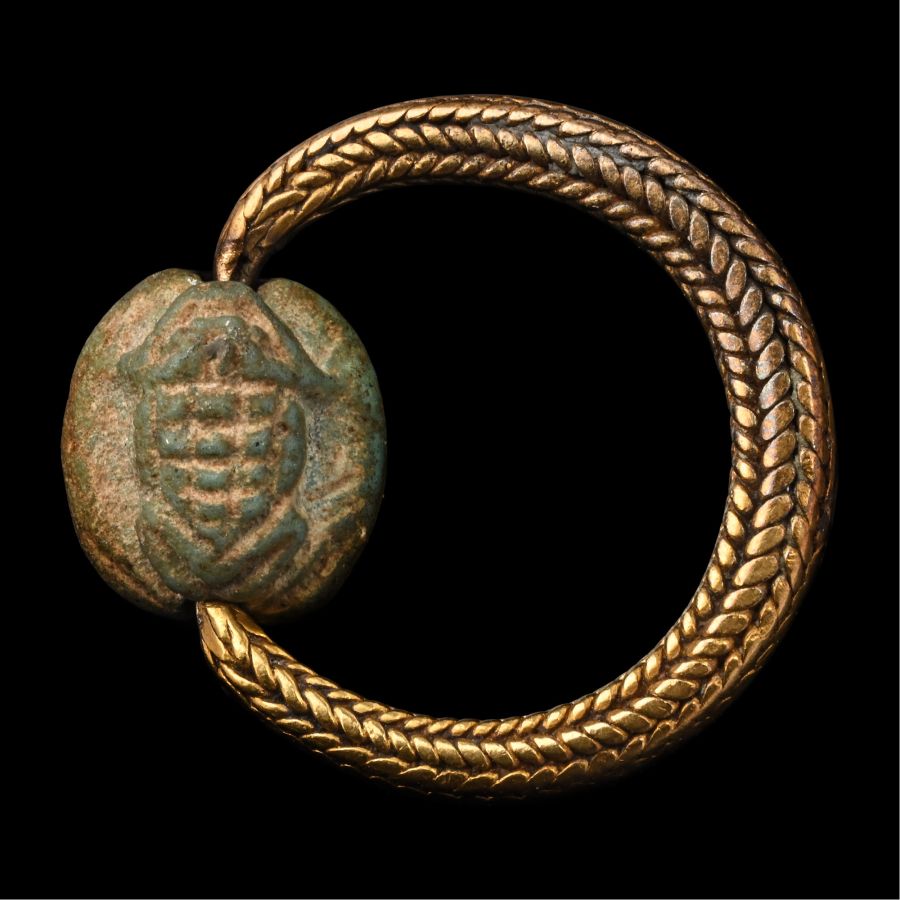 Egyptian Gold Ring with Faience Frog Amulet