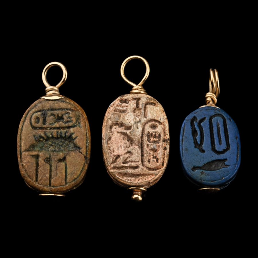 Egyptian Faience Scarabs with Gold Mounts