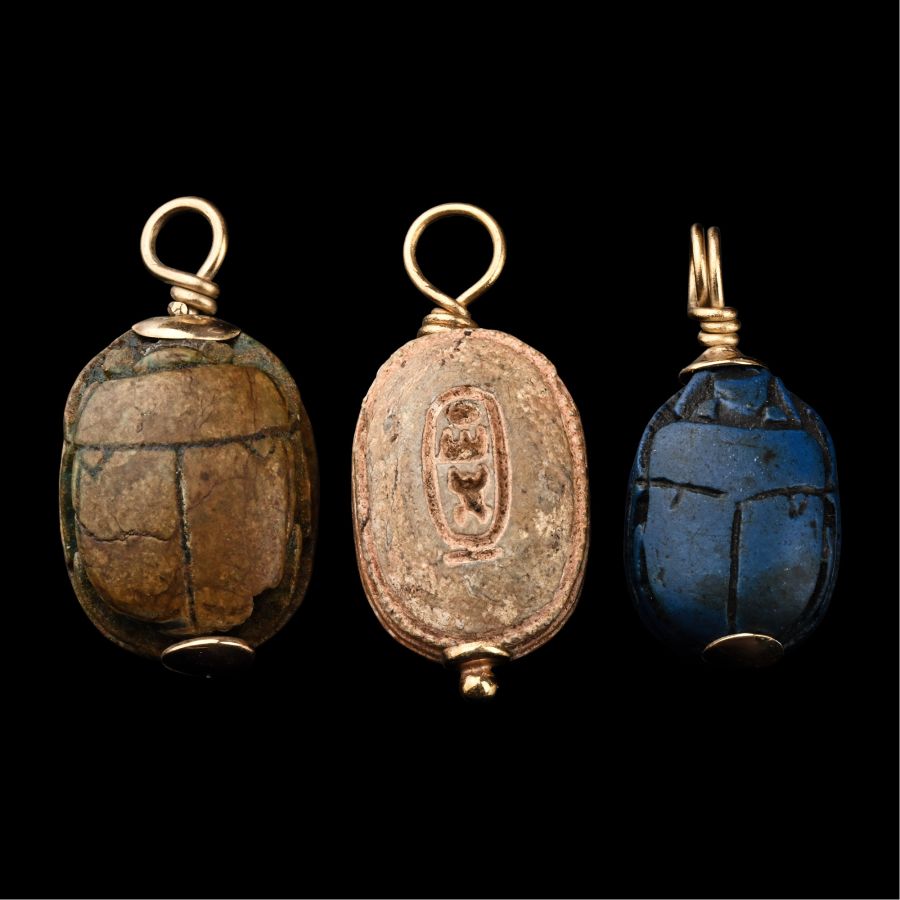 Egyptian Faience Scarabs with Gold Mounts