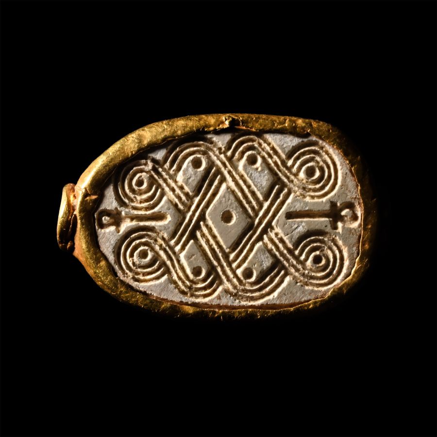 Egyptian Steatite Scarab with Interlocking Scrolls in Gold Mount