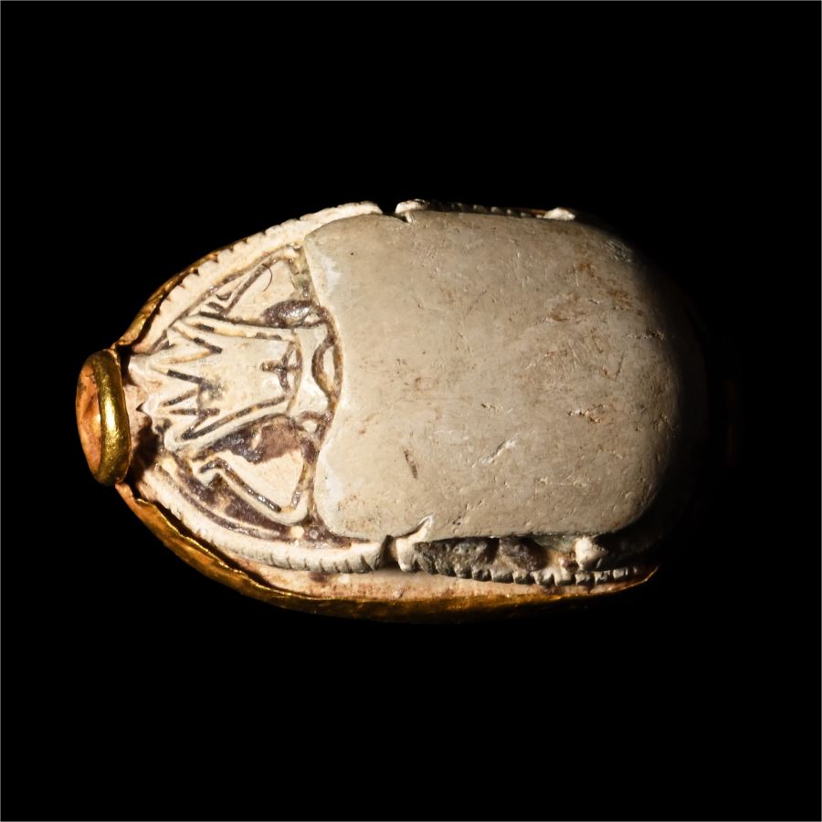 Egyptian Steatite Scarab with Interlocking Scrolls in Gold Mount