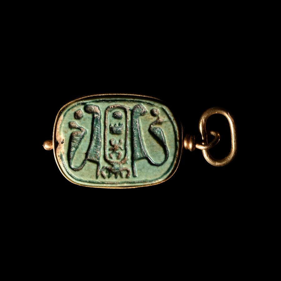 Egyptian Blue Faience Scarab with Cartouche in Gold Loop