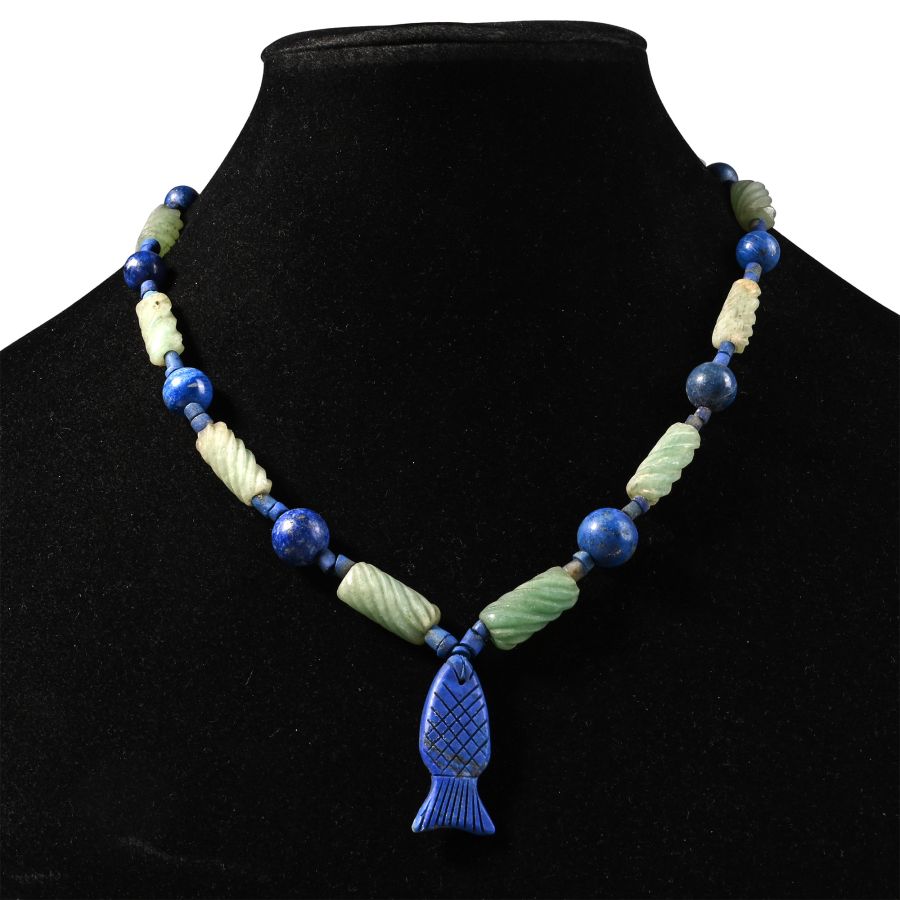 Lapis Lazuli and Green Glass Bead Necklace String with Fish Pendant