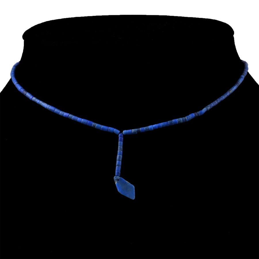 Lapis Lazuli Bead Necklace String with Diamond-Shaped Pendant