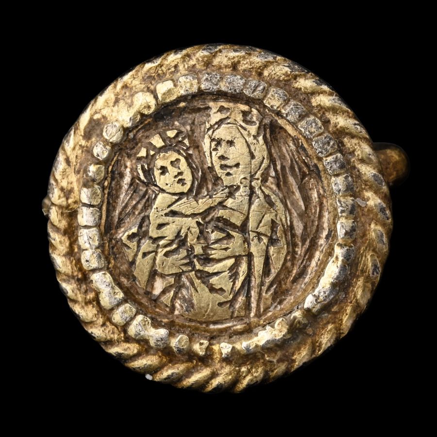 Medieval Silver-Gilt Hat Pin with Mary and Child