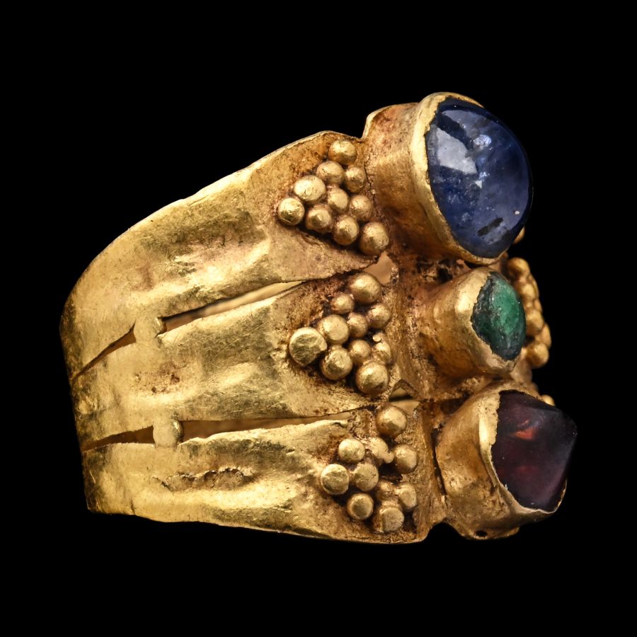 Roman Triple-Hooped Gold Ring with Sapphire and Other Gems