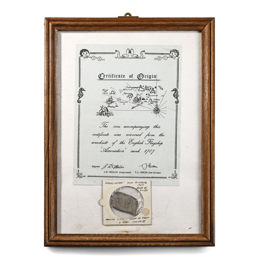 Framed HMS Association Shipwreck Carlos II (Mexico, 1680) Silver 8 Reales 'Piece of Eight'