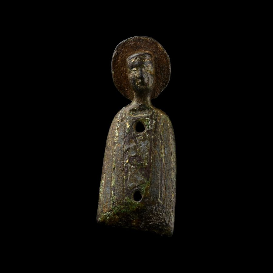 Medieval Enamelled Bronze Limoge Figure of a Saint