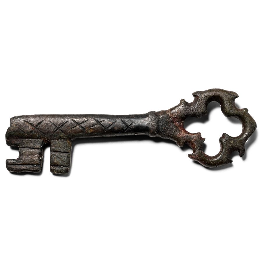 Large Medieval Ornate Bronze Door Key with Quatrefoil