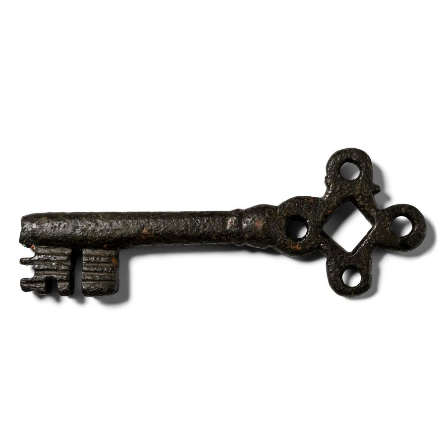 Large Medieval Ornate Bronze Door Key with Lozenge and Loops