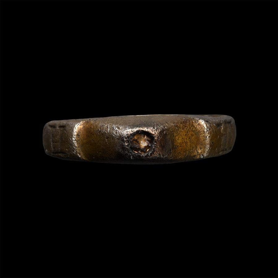 Medieval Silver-Gilt Stirrup Ring with 'AVE MARIA' and Clasped Hands
