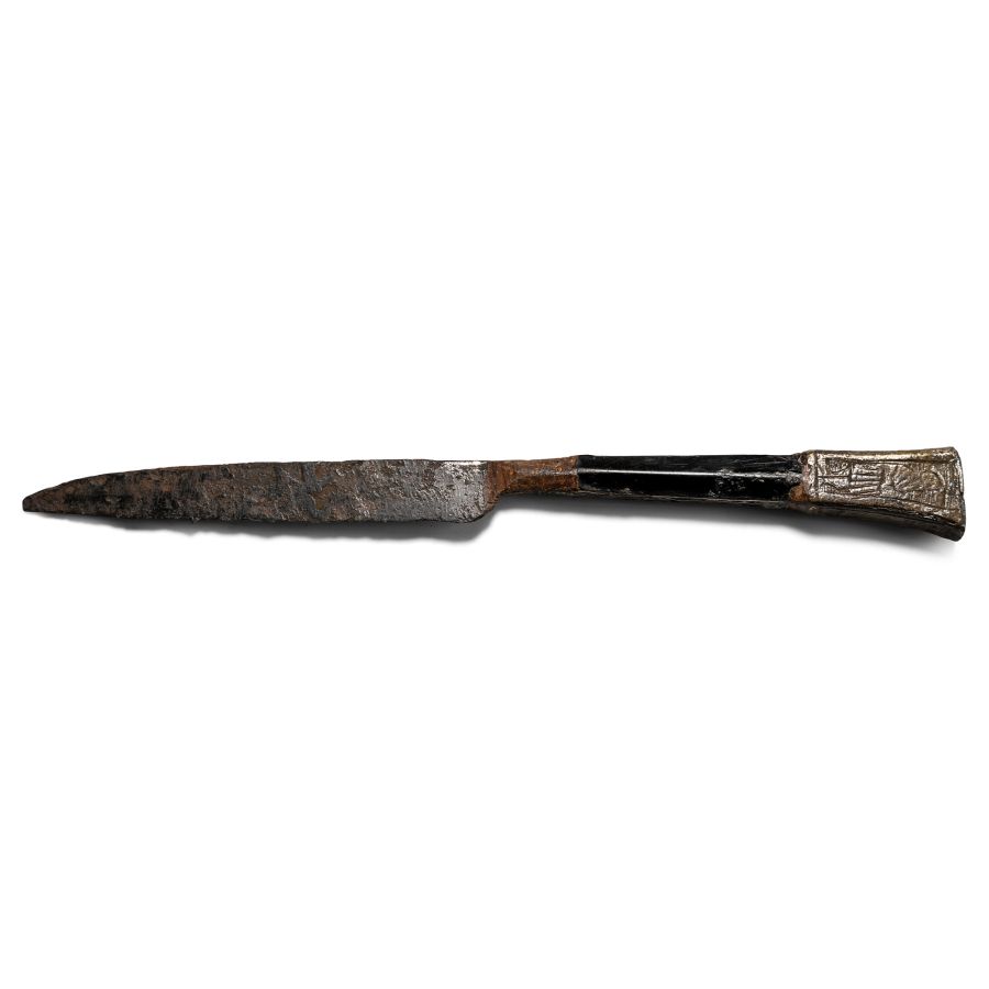 Medieval Iron Knife with Saints Engraved on the Bronze Pommel