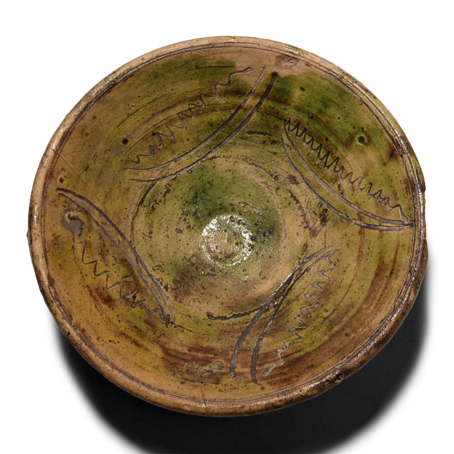 Byzantine Green Glazed Sgraffito Footed Bowl