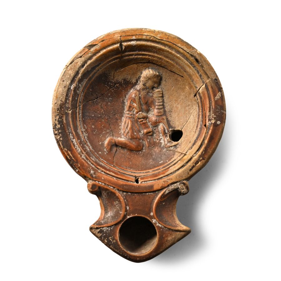 Roman Terracotta Oil Lamp with Kneeling Gladiator