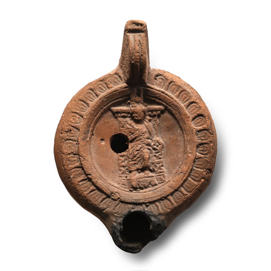 Roman Terracotta Oil Lamp with Figure with Bushel Maker's Mark