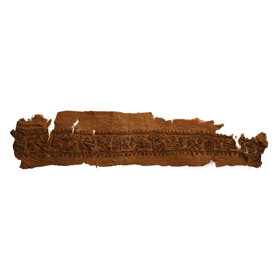 Egyptian Coptic Textile Fragment of a Clavus from a Tunic with Triton, Male Figure and Birds