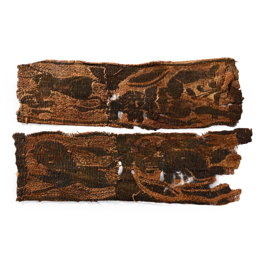Egyptian Coptic Tunic Clavus Textile Fragments with Armed Puttoes, Lion and Hound