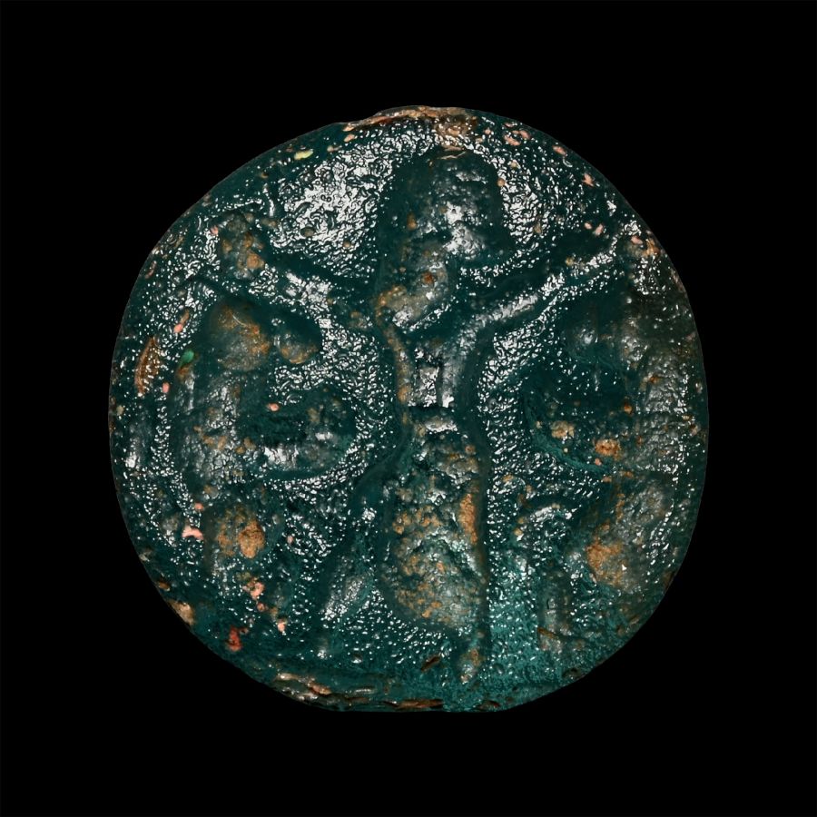 Neo-Babylonian Pale Blue Glass Seal with King