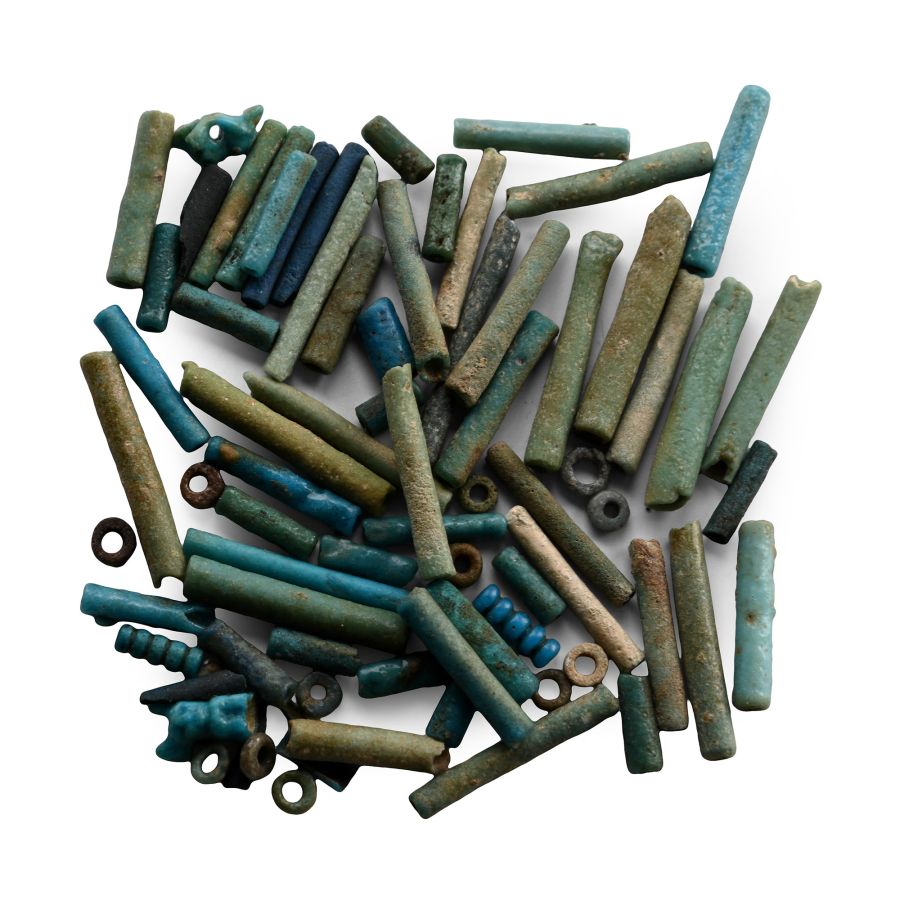 Egyptian Faience Mummy Beads and Cat Amulet