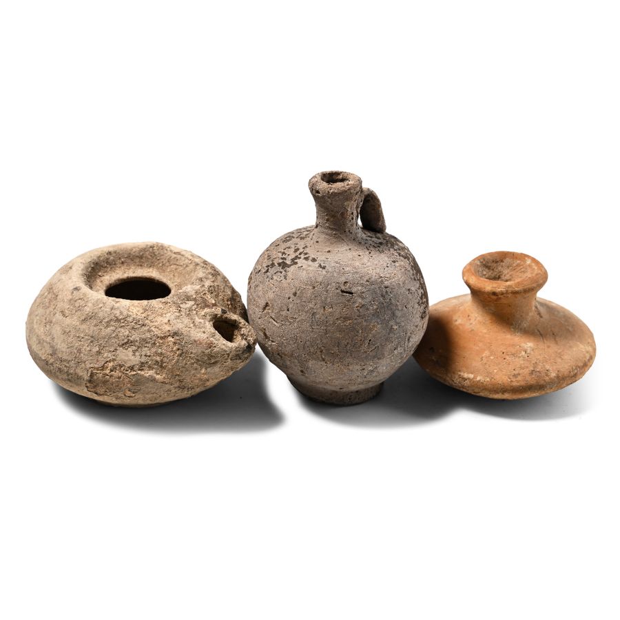 Greek Terracotta Vessel and Oil Lamp Group