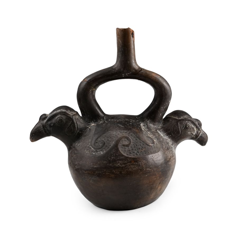 Pre-Columbian Black Ware Stirrup Vessel with Birds Heads
