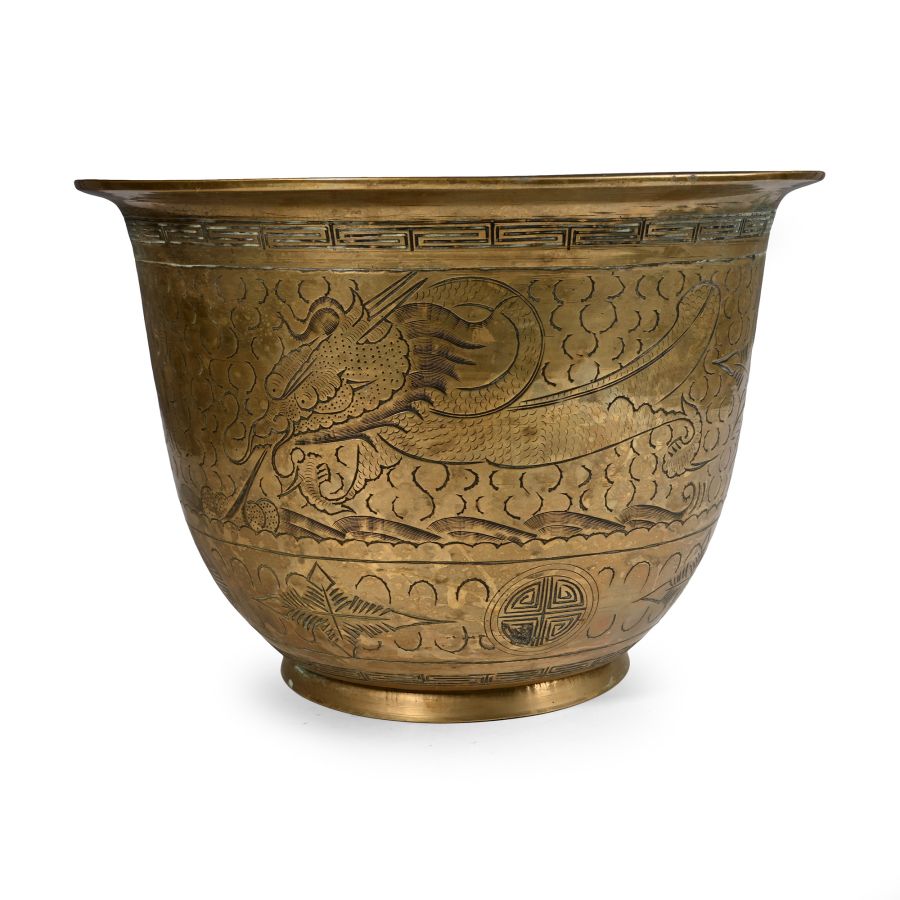 Antique Brass Bowl with Dragon and Peacock
