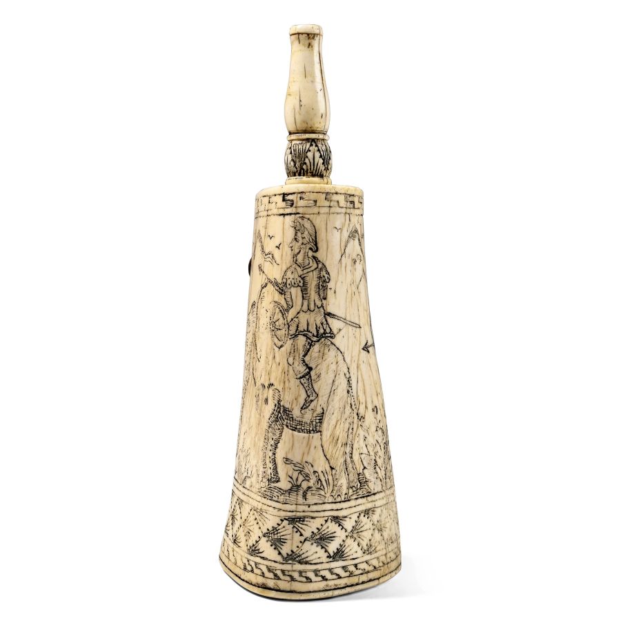 Antique Bone Flask with Engraved Hunting Scene