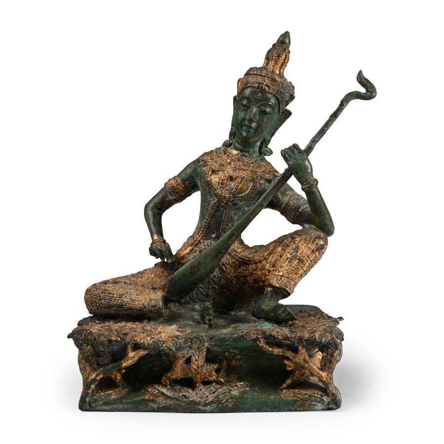 Antique Gilt Bronze Statue of Prince Pra Apai Manee Playing a Traditional Krachap