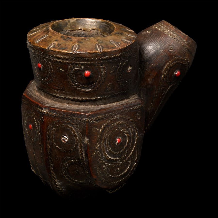 Antique Wooden and Brass Inlaid Smoking Pipe Bowl