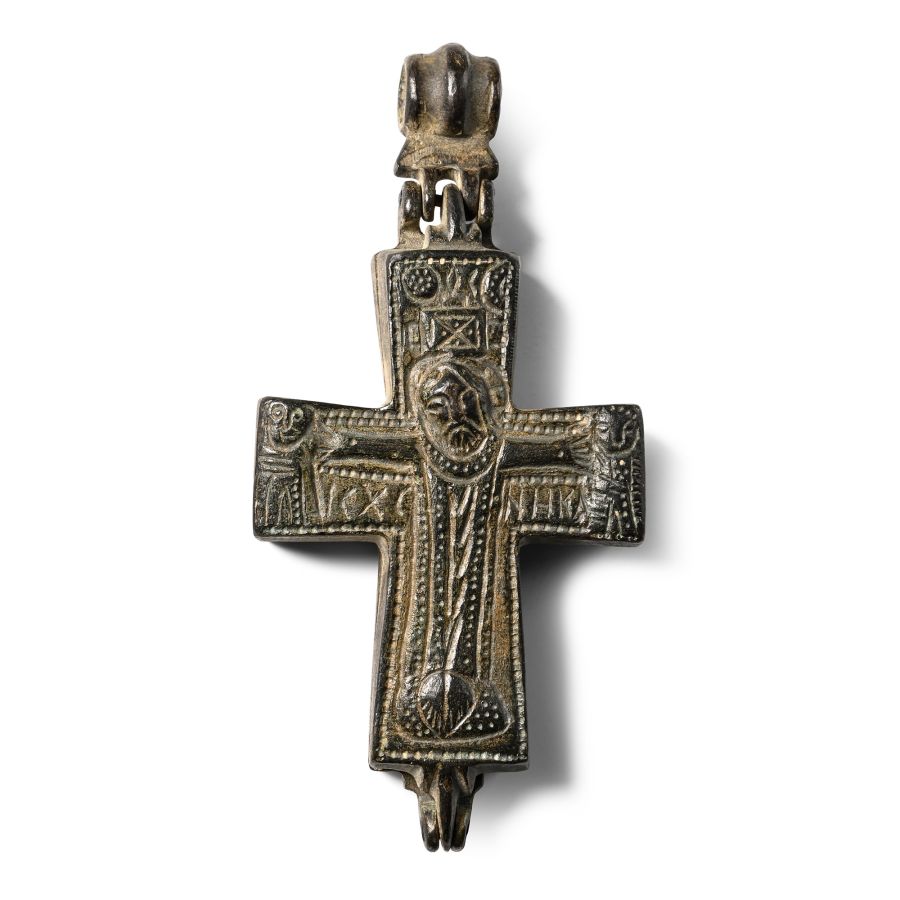 Large Byzantine Bronze Reliquary Cross Pendant