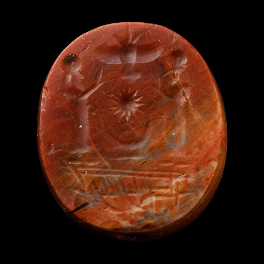Neo-Babylonian Red Agate Stamp Seal with Worshipping Scene and Hebrew Name