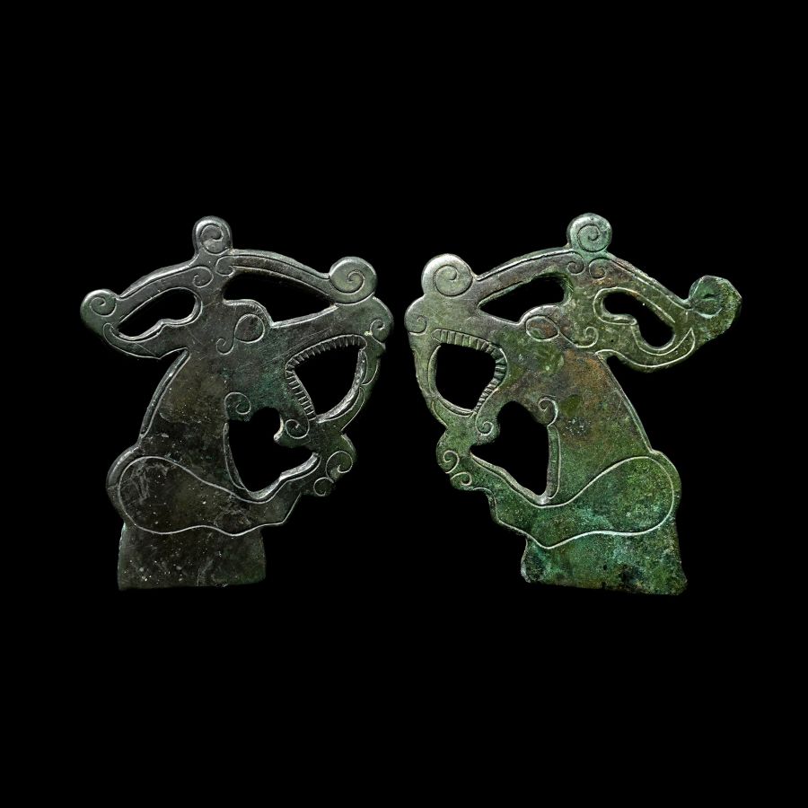 Scythian Bronze Howling Stag Protome Mount Pair