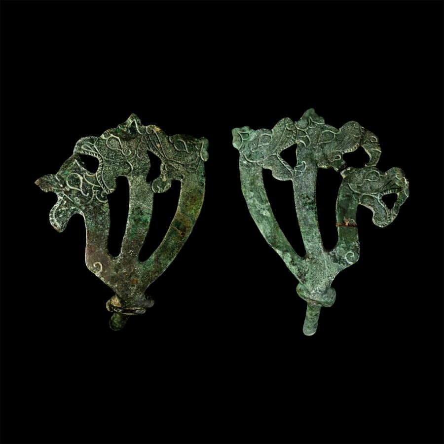 Scythian Bronze Horse Cheekpiece Pair Each with Three Dragons