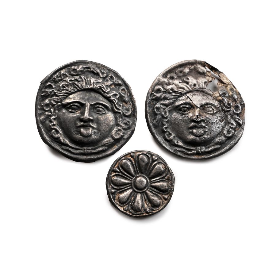 Greek Silver Medusa Repoussé Horse Harness Phalera Group