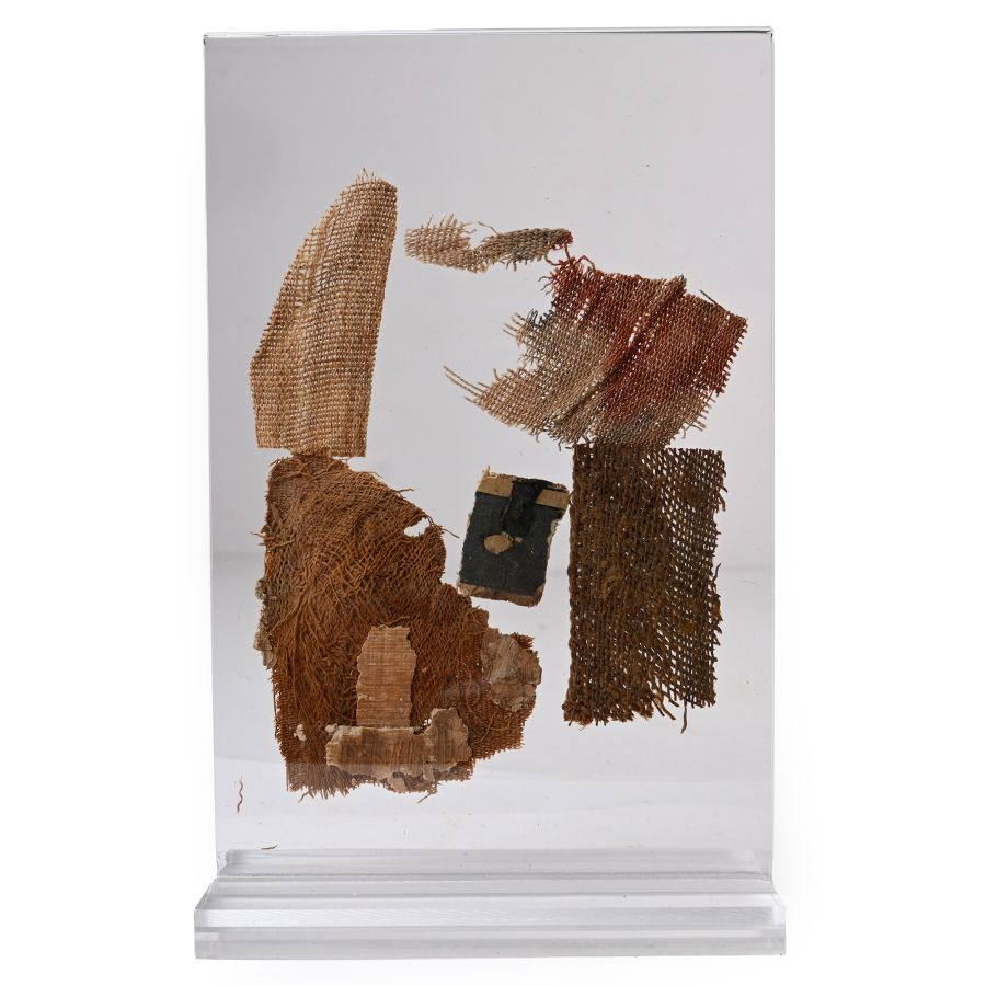 Egyptian Mummy Textile and Cartonnage Fragments in Display Stand
