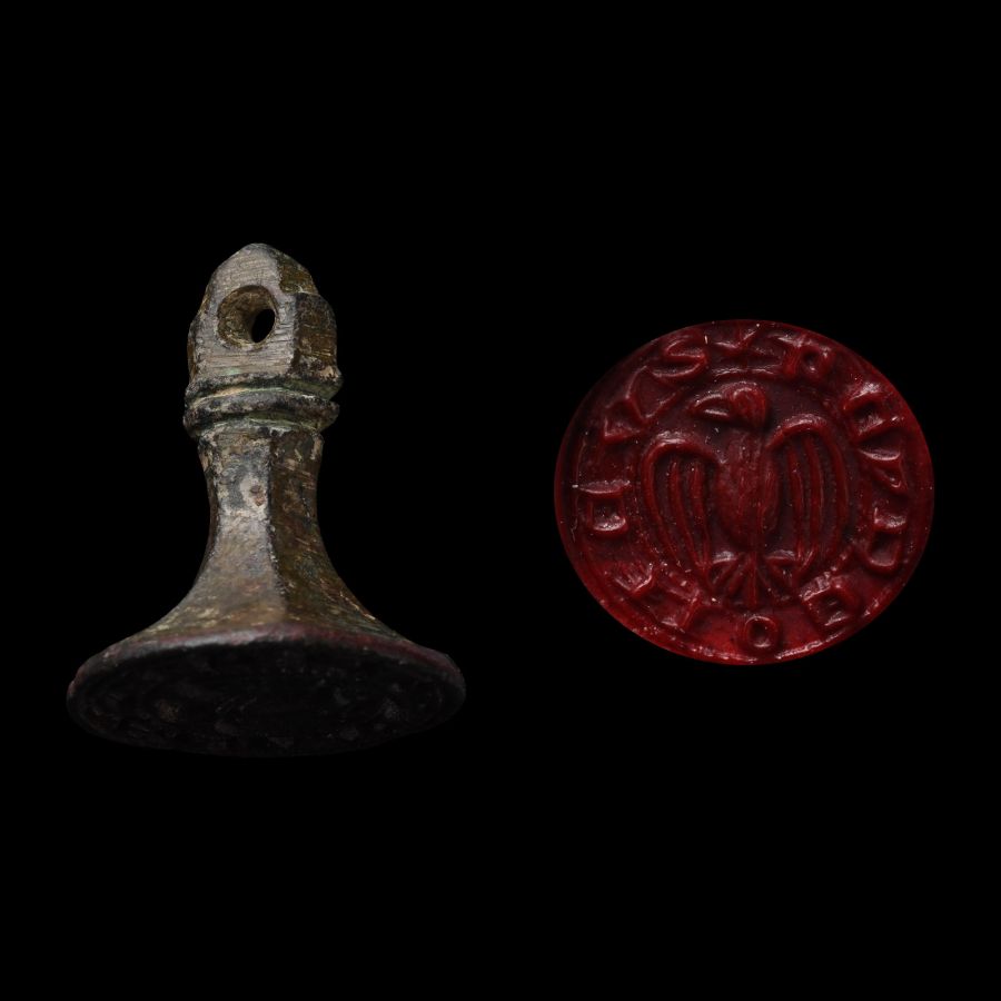 Medieval Bronze Seal Matrix with 'King of Birds' Inscription and Spread Eagle