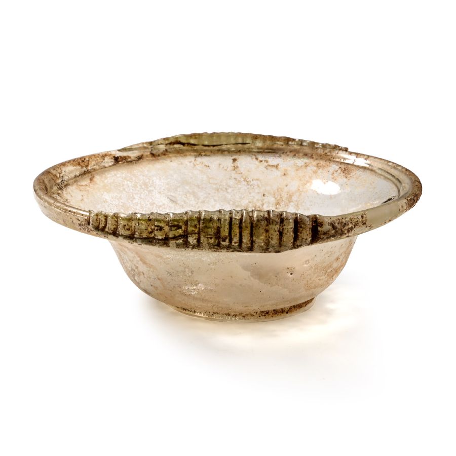 Roman Translucent Glass Dish with Ribbed Tail Handles